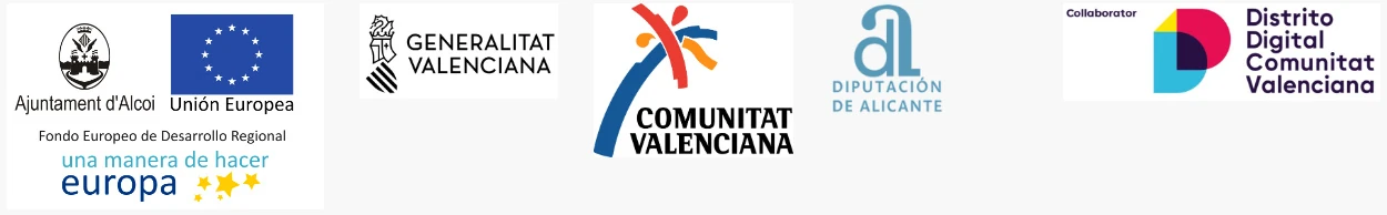 Logos: Ayuntamiento de Alcoy, Unión Europea,  Generalitat Valenciana, Comunitat Valenciana, Diputación de Alicante y Distrito Digital Comunitat Valenciana